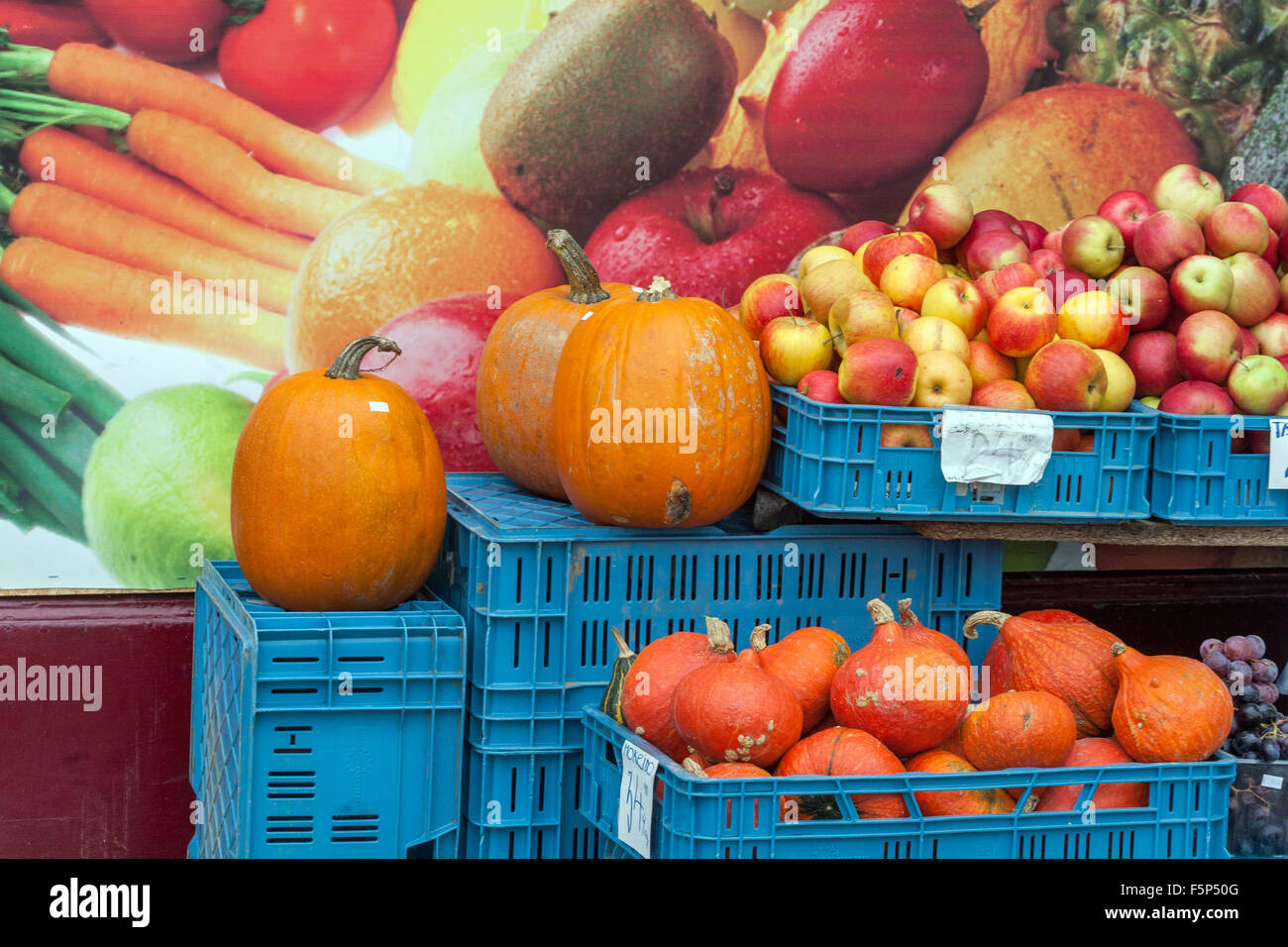 Stand with fruits and vegetables, pumpkins crate Prague, Czech Republic