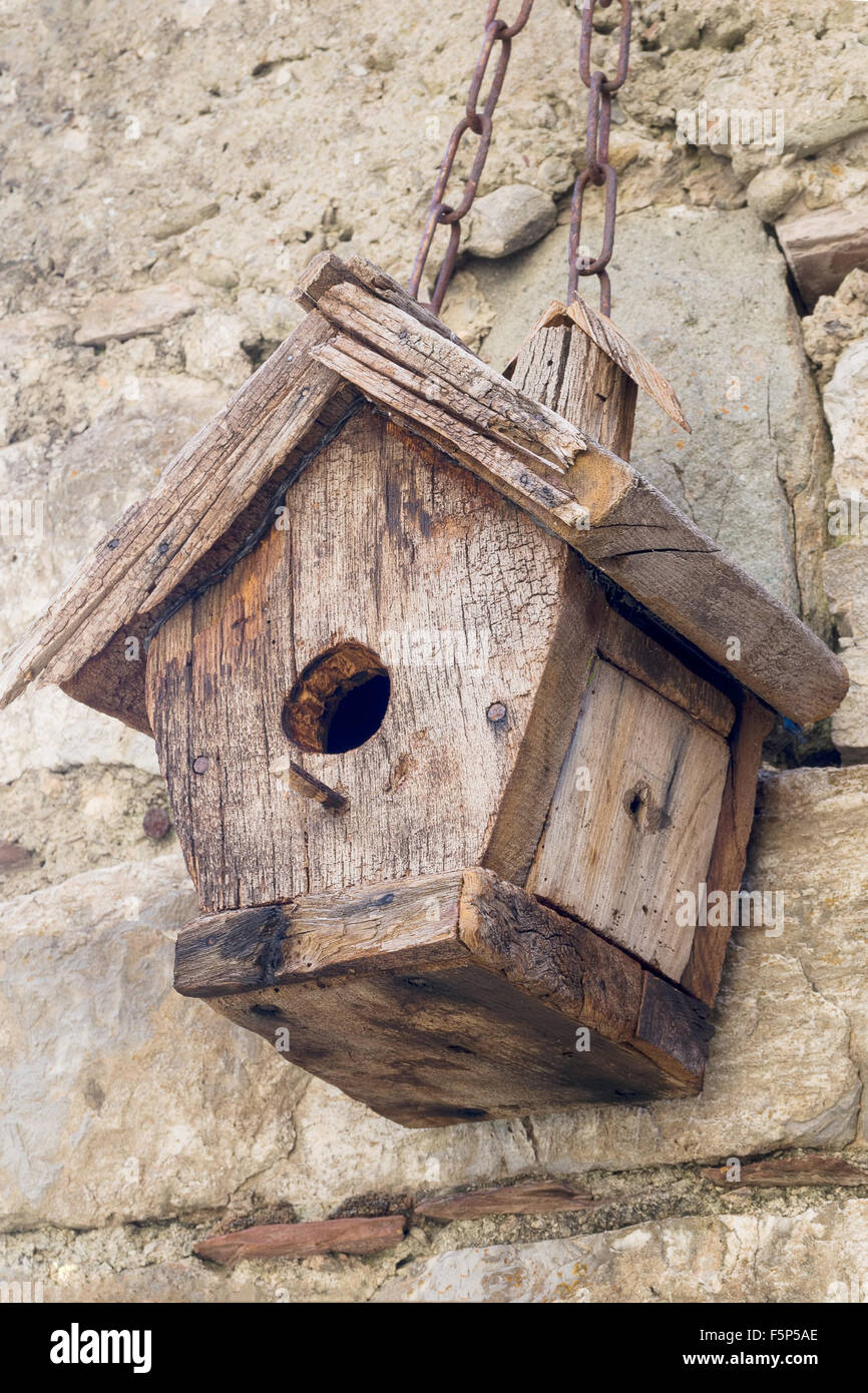 Wooden bird nesting box. Stock Photo