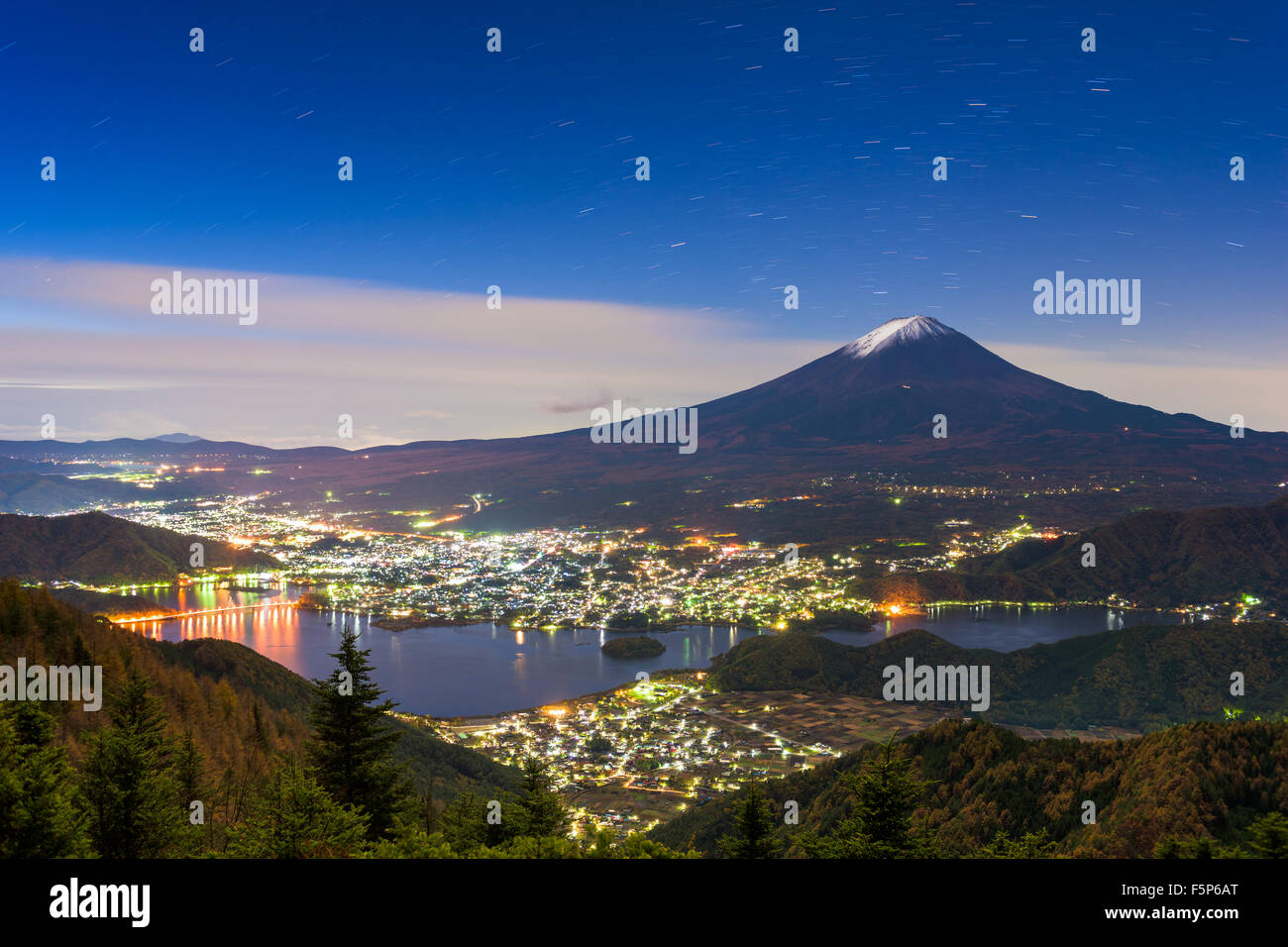 Kawaguchi Lake, Japan with Mt. Fuji. Stock Photo