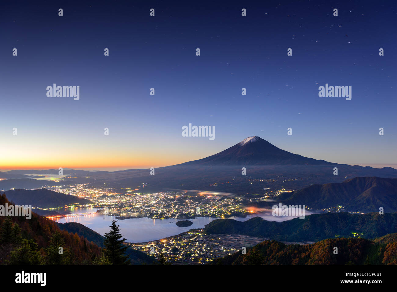 Kawaguchi Lake, Japan with Mt. Fuji. Stock Photo