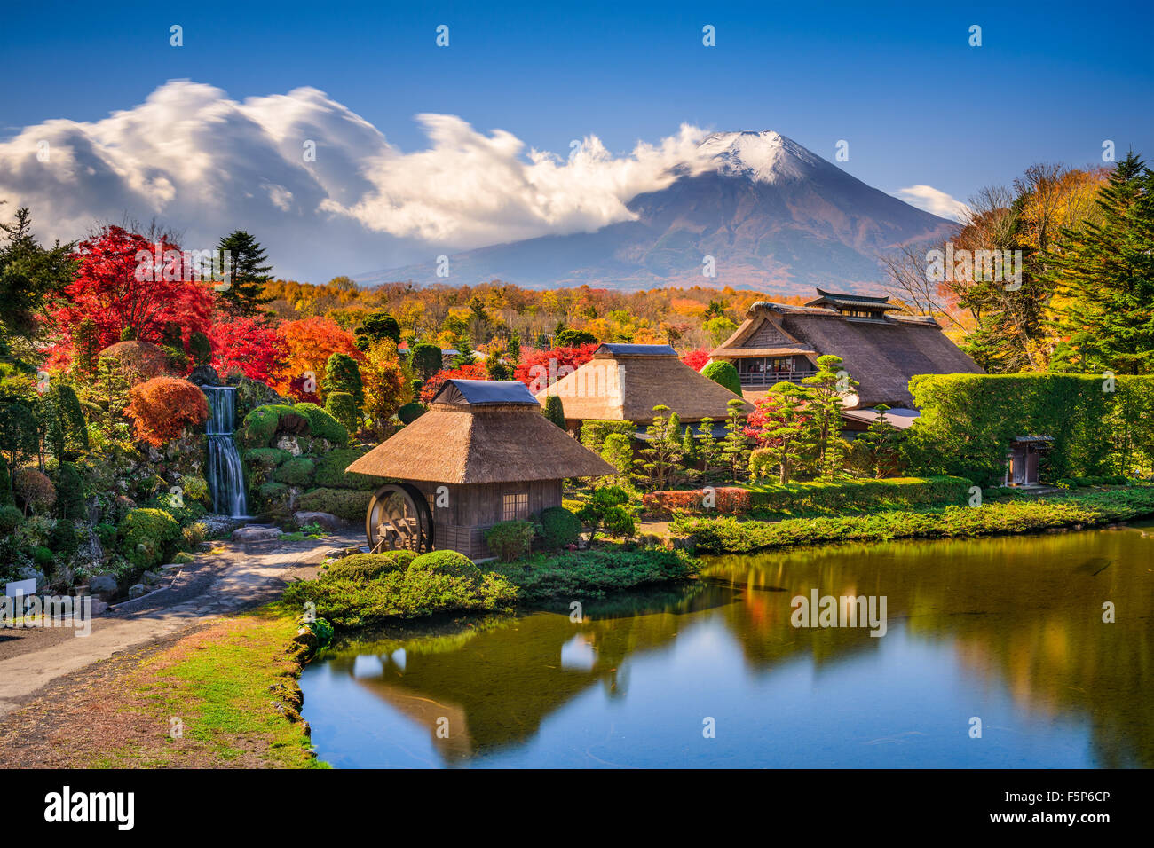 Oshino, Japan historic thatch houses with Mt. Fuji in the background. Stock Photo