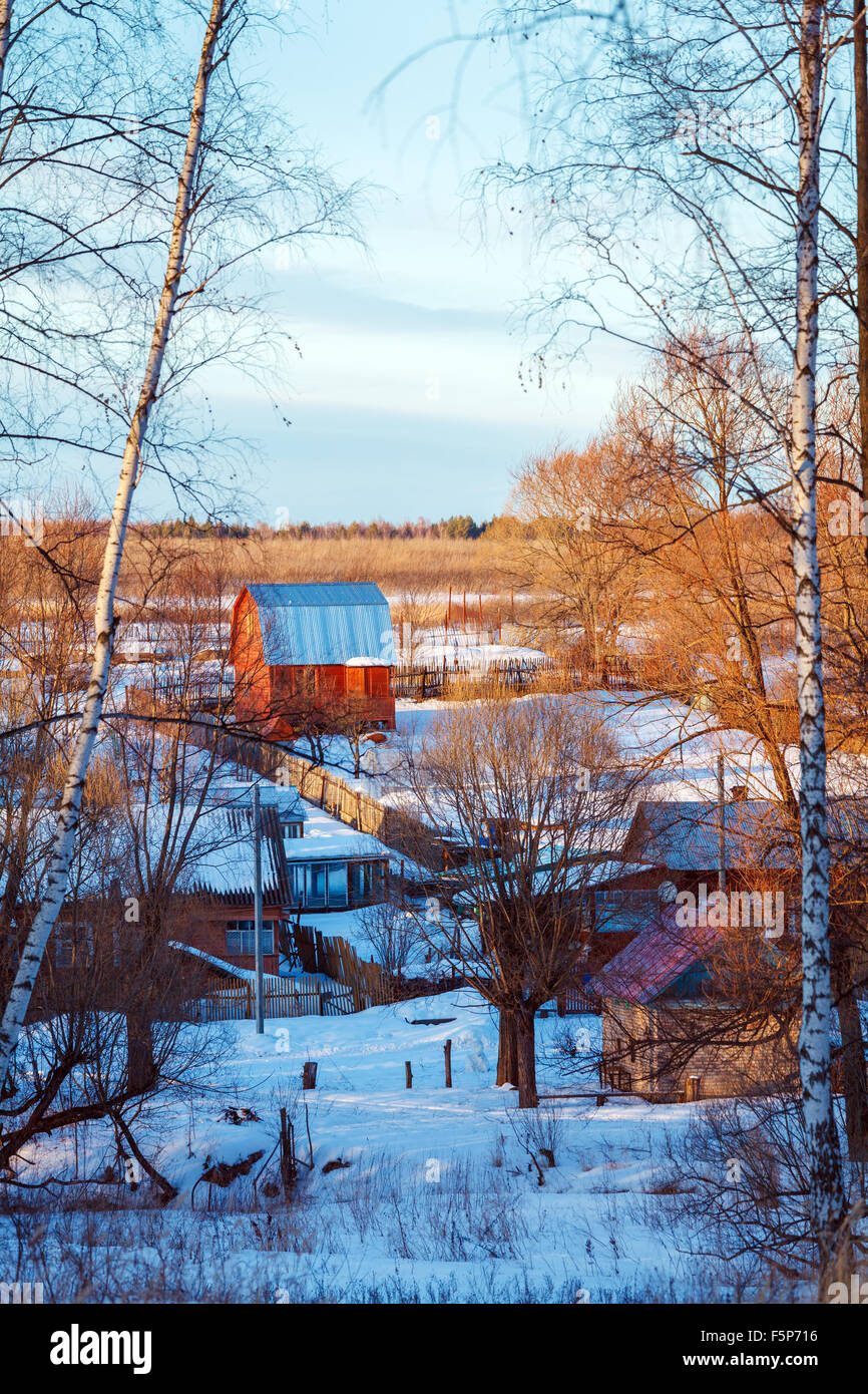 Winter Landscape with Snowy Traditional Russian Village at Sunset Stock ...