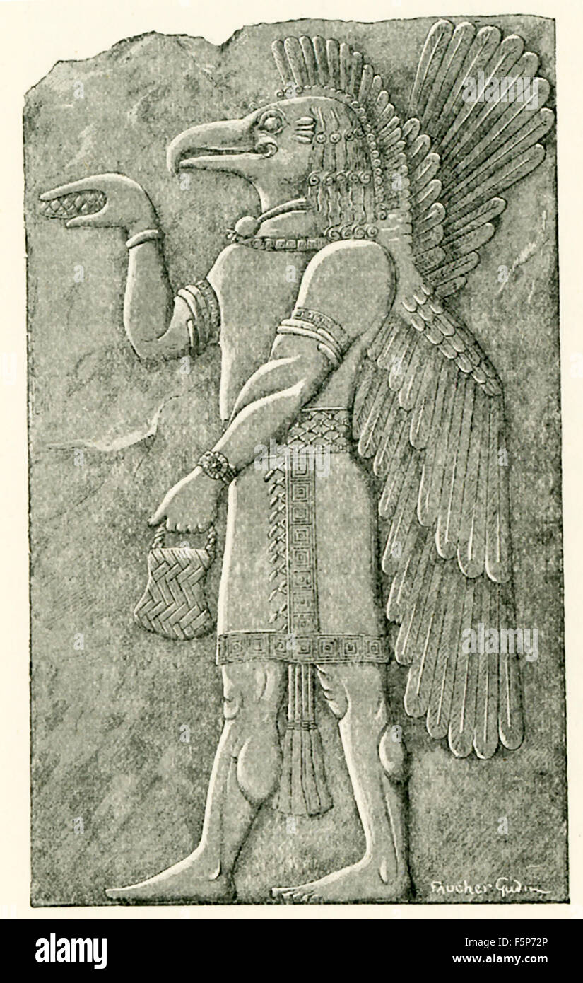 This bas-relief from Khorsabad was drawn by French artist Henri Faucher-Gudin, who illustrated for Gaston Maspero. It shows an eagle-headed  genie. According to the ancient Assyrians, a genie was a non-human protective figure. Here the genie is shown with two wings, an eagle head adorned with a feather headdress, and a curved beak with a long tongue. The genie is depicted sprinkling water on a tree (the nodules on the right belong to the tree) with what is probably a pine cone. Perhaps it is fertilizing the tree and perhaps the tree is symbolic of the tree of life. Stock Photo