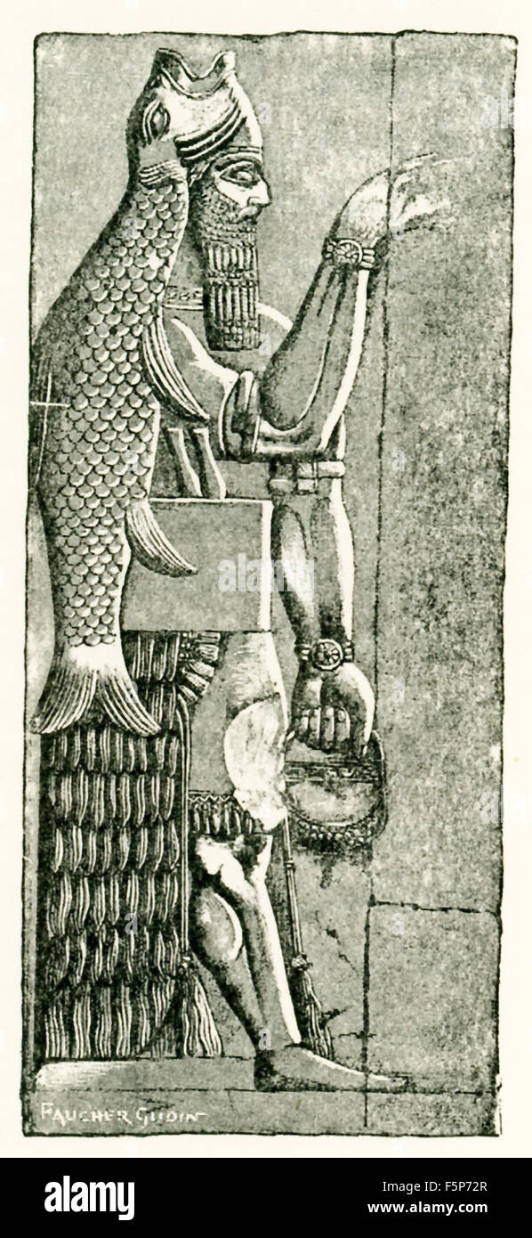 This figure, known as a god-fish, was drawn by Faucher-Gudin from an Assyrian bas-relief from Nimrud to accompany a book on ancient Egypt by Gaston Maspero. This bas-relief decorated an area near to entrance to the Assyrian palace at Nimrud. This fish-god was known as Dagon. Nimrud, on eof the chief cities of ancient Assyria, is in what is present-day northern Iraq. Stock Photo
