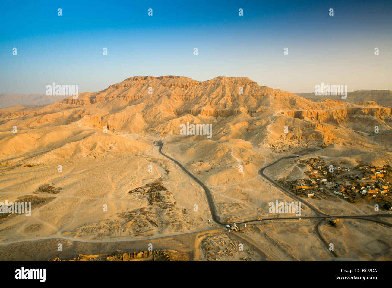 Aerial View of Valley of the Kings on the West Bank of the Nile, Egypt at sunrise Stock Photo