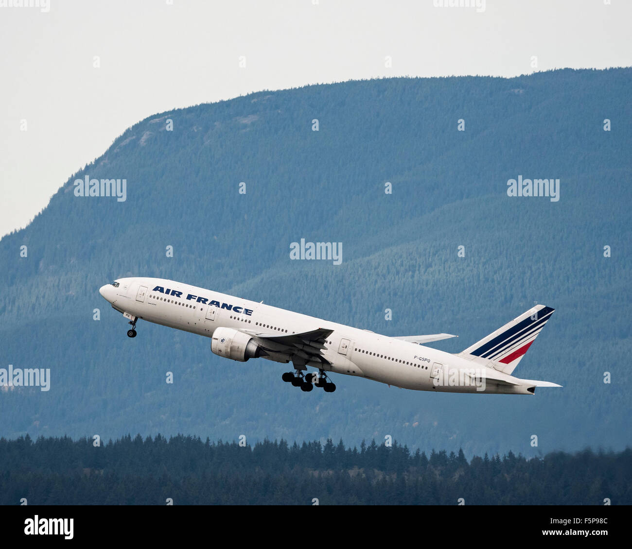 Air France Boeing 777 takes off from Vancouver International Airport. Stock Photo