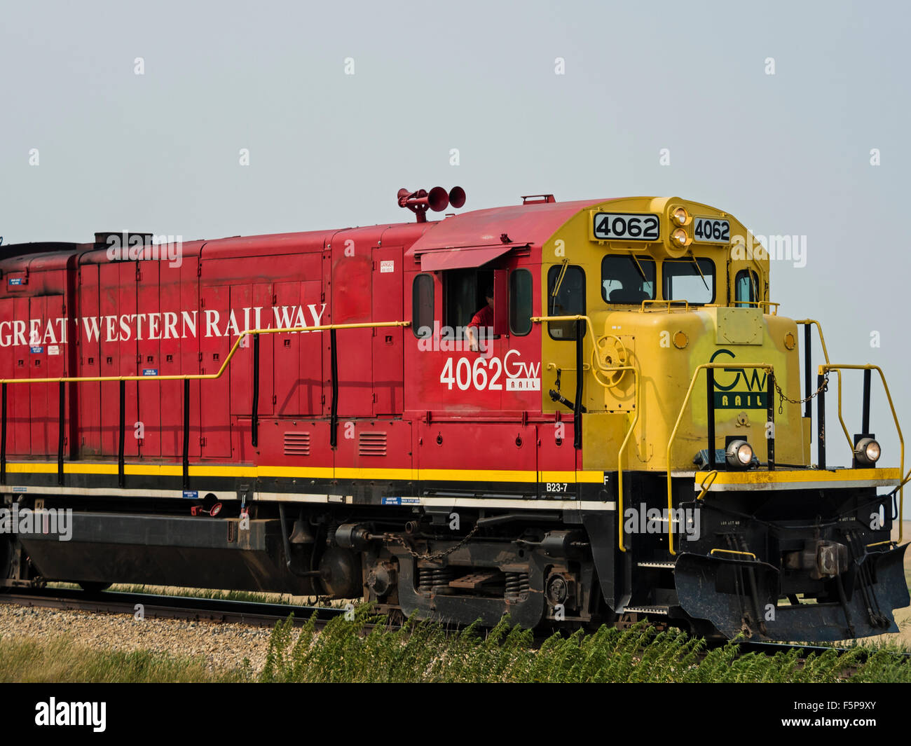 Great Western Railway Ltd. locomotive Saskatchewan Canada Canadian short line railway company freight train railroad Stock Photo