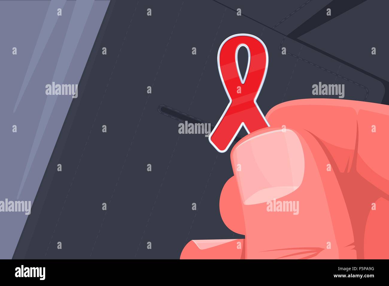 Human hand placing AIDS awareness ribbon badge on the suit jacket lapel. World AIDS day concept illustration. Stock Vector