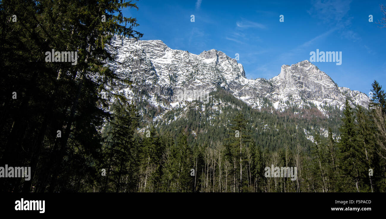 A view from the Bavarian forest to the Alps mountains in Berchtesgadens Nationalpark, one of Germanys oldest Nationalparks. Stock Photo