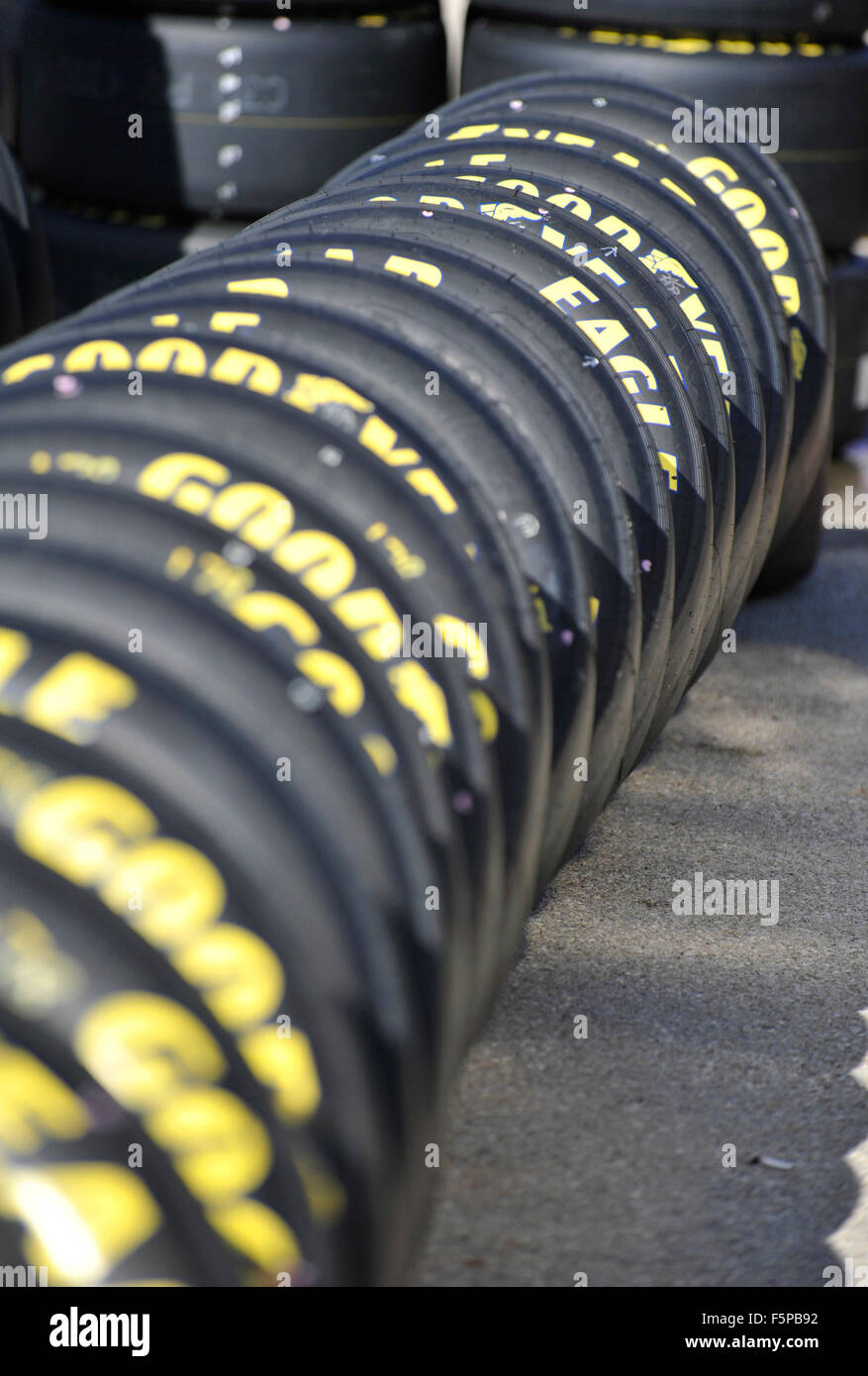 Fort Worth, Texas, USA. 7th Nov, 2015. A row of Goodyear Tires lay outside the garages prior to the start of the O'Reilly Auto Parts Challenge at Texas Motor Speedway in Fort Worth, Texas. Austin McAfee/CSM/Alamy Live News Stock Photo