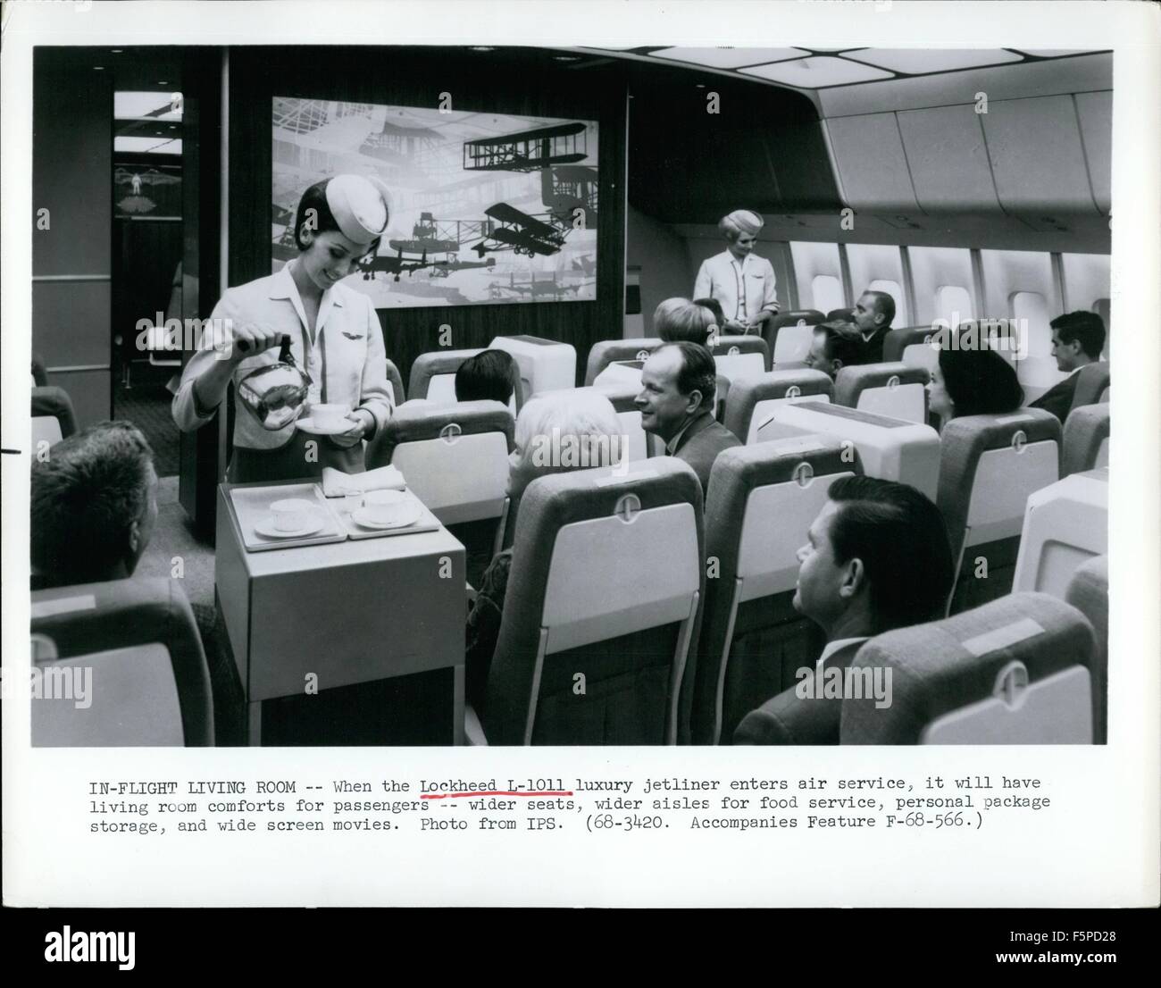 1968 - In-Flight Living Room:- When the Lockheed L-1011 luxury Jetliner enters air service, it will have living room comforts for passengers wider seats, wider aisles for food service, personal package storage, and wide screen movies. Credit: IPS © Keystone Pictures USA/ZUMAPRESS.com/Alamy Live News Stock Photo