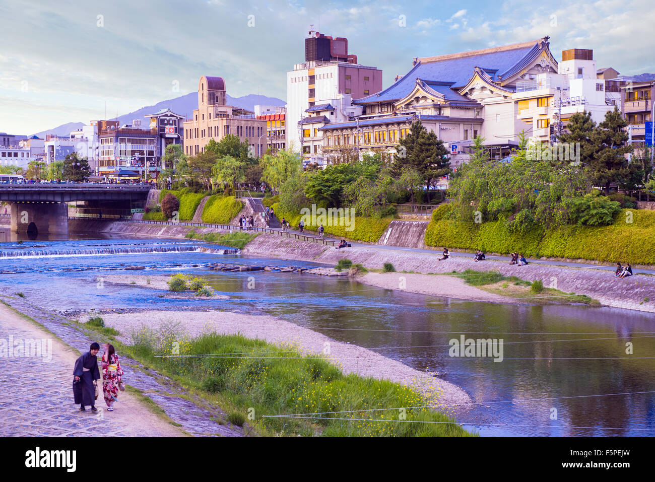 The Kamogawa River in central Kyoto Pontochou, Minami-za and Gion areas in the late afternoon Stock Photo