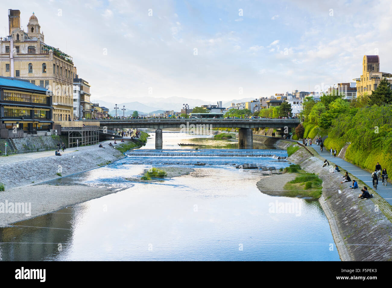 The Kamogawa River in central Kyoto Pontochou, Minami-za and Gion areas in the late afternoon Stock Photo