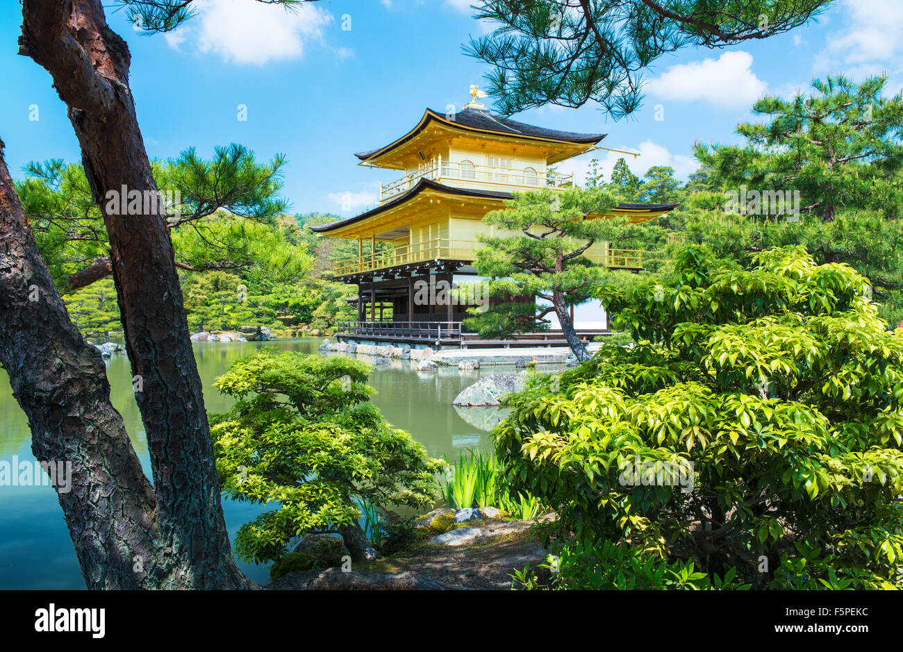 Kinkaku-ji Temple, Golden Pavillion in Kyoto on a sunny day, Japan Stock Photo