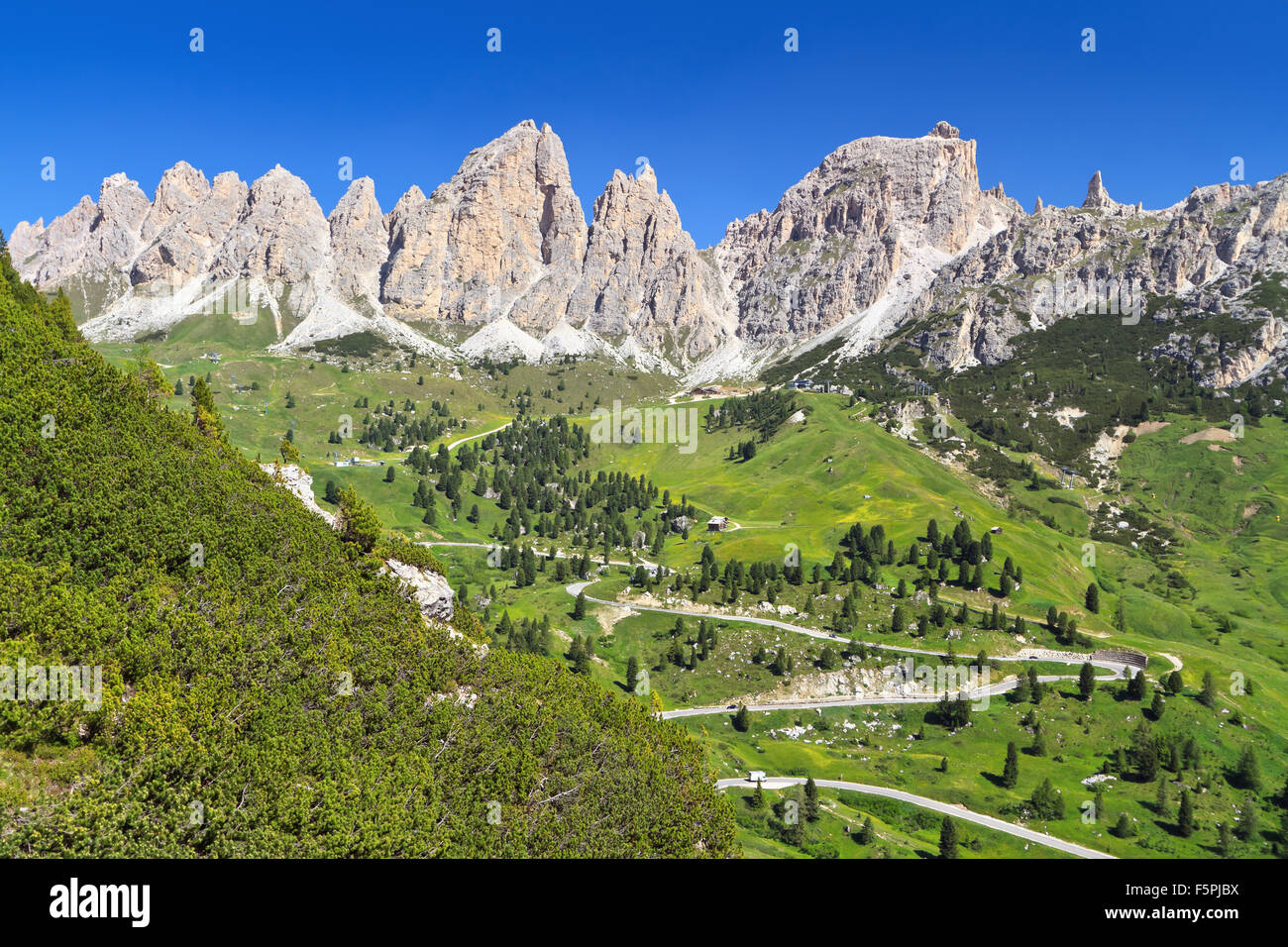 Dolomiti - road to Gardena valley with Cir mount on background, Alto Adige, Italy Stock Photo