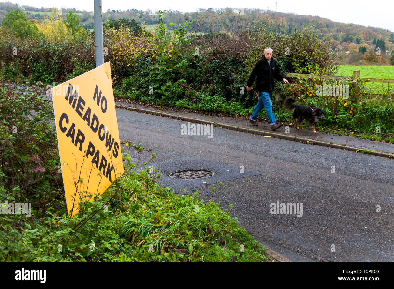 Bathampton, Bath, Somerset, UK. 8th November 2015. A dog walker passes campaign sign to stop the potential building of a park and ride carpark on ancient water meadows (in background) in Bathampton near Bath.  Photo by:Richard Wayman/Alamy Live News Stock Photo