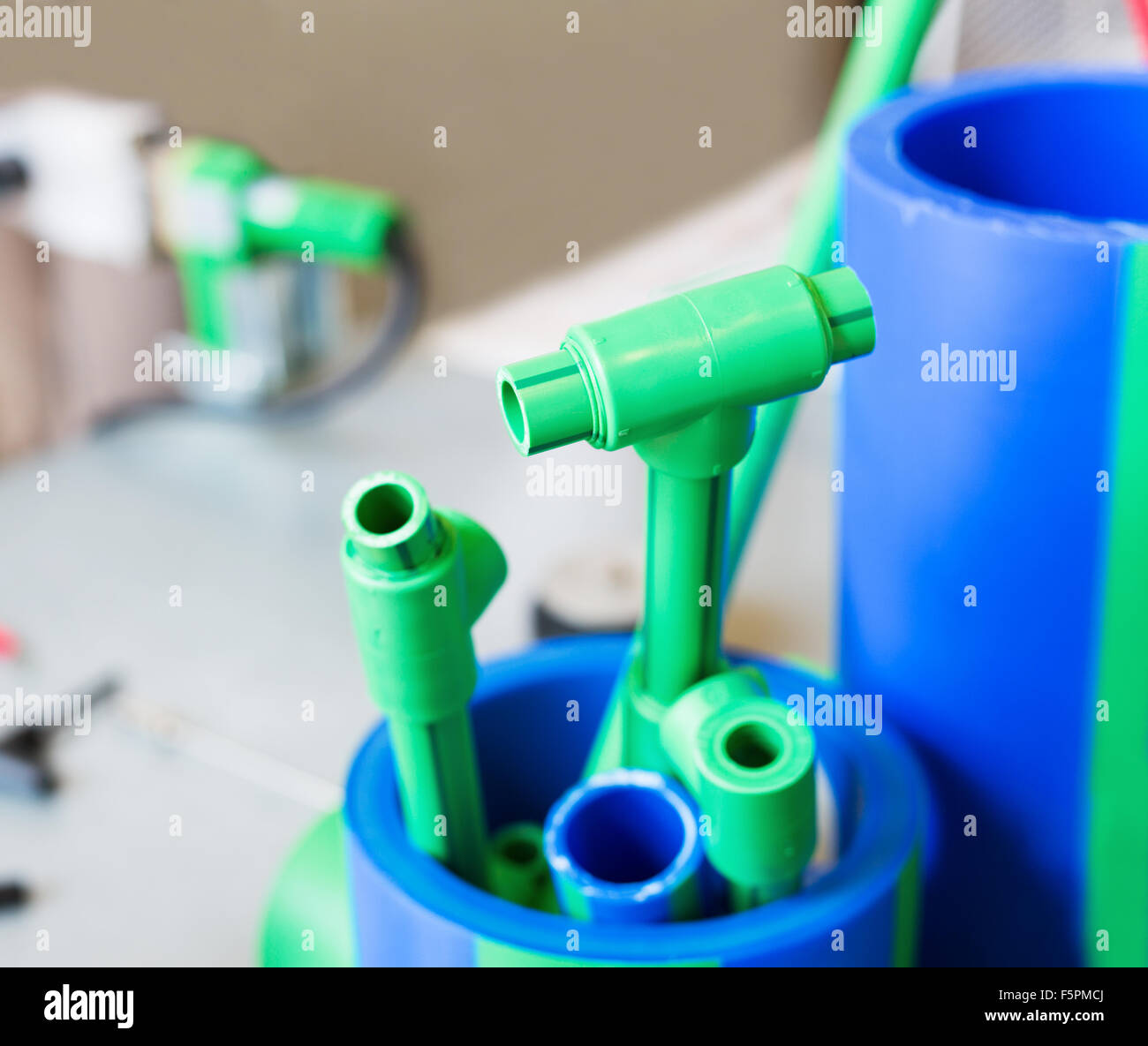 Samples of polymer pipes and fittings Stock Photo