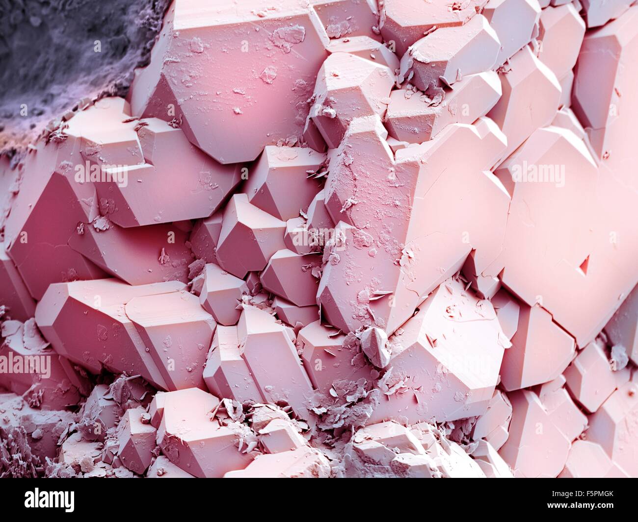 Quartz crystals, coloured scanning electron micrograph (SEM). This silicate mineral is a form of silica (silicon dioxide). Stock Photo