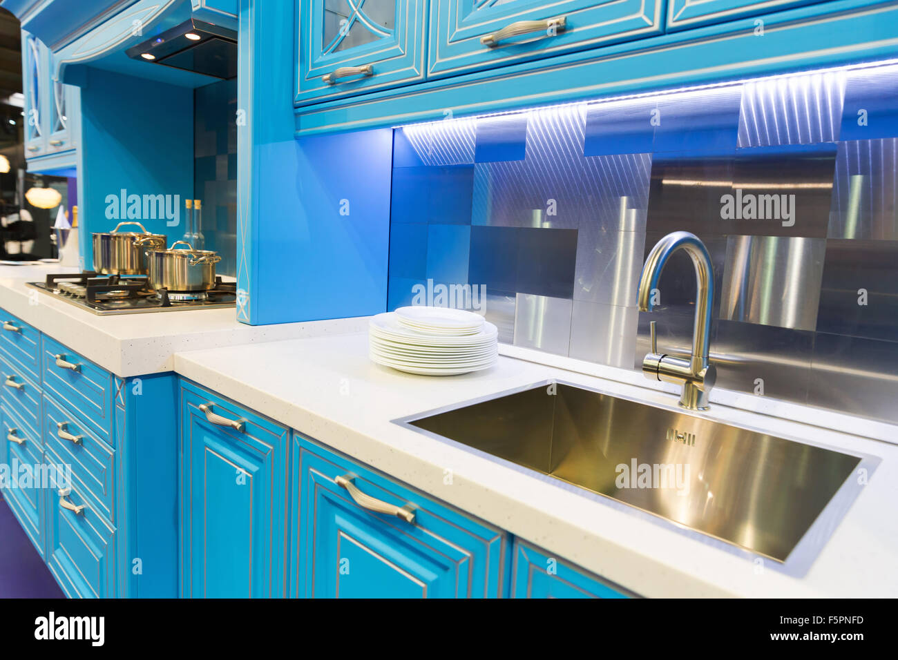 Wood Blue Kitchen Interior Design High Tech Style Stock