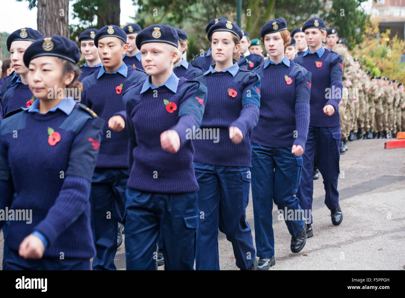 Bournemouth, Dorset UK Sunday 8 November 2015. Remembrance Sunday Parade - representatives of armed services, forces groups and cadets parade through Bournemouth Town, followed by a service and wreath laying at the War Memorial in Central Gardens. Female Air Cadets marching.  Credit:  Carolyn Jenkins/Alamy Live News Stock Photo
