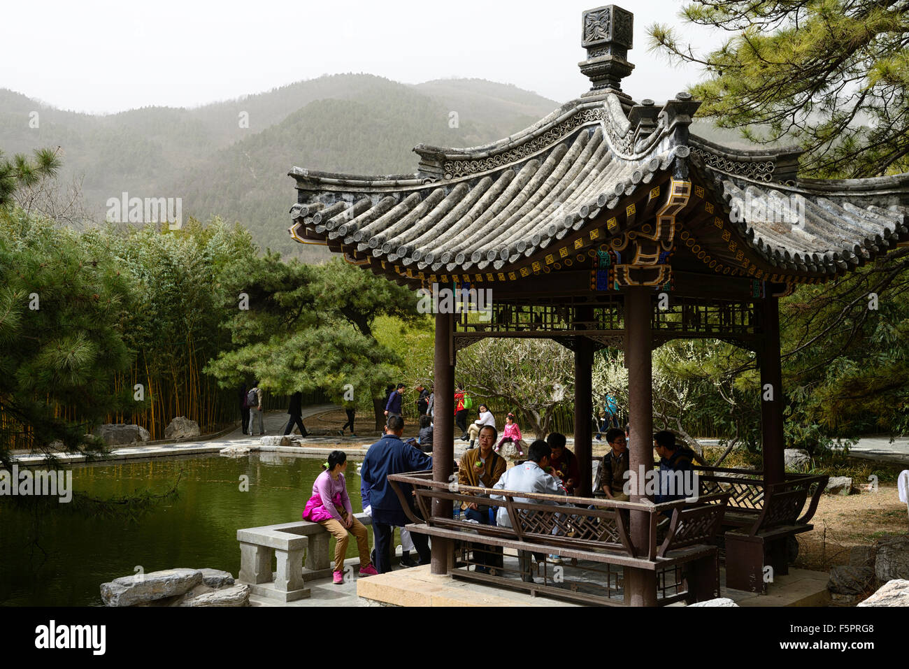 Wooden pagoda picnic area lake Beijing Botanical Gardens Garden China Spring RM Floral Stock Photo