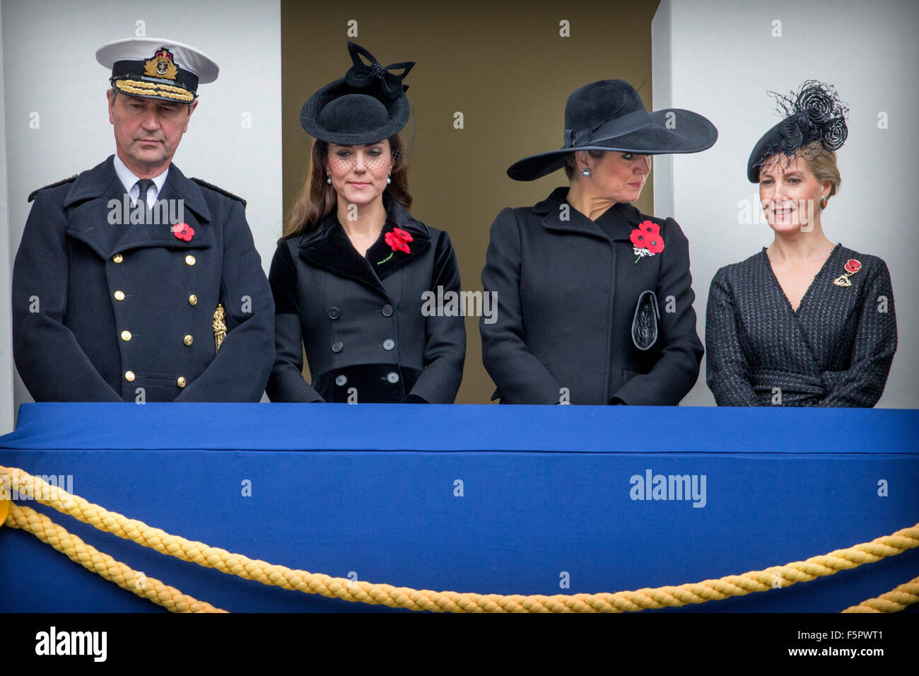 London, UK. 08th Nov, 2015. Britain's Catherine the Duchess of Cambridge (2nd L) stands alongside Queen Maxima of the Netherlands (2nd R), Sophie, Duchess of Wessex, and Vice Admiral Sir Timothy Laurence at the Remembrance Sunday ceremony at the Cenotaph in London, Britain, 08 November2015. Britain observed the annual Remembrance Day on 08 November, in memory of the war dead. Photo: Patrick van Katwijk/dpa/Alamy Live News Stock Photo