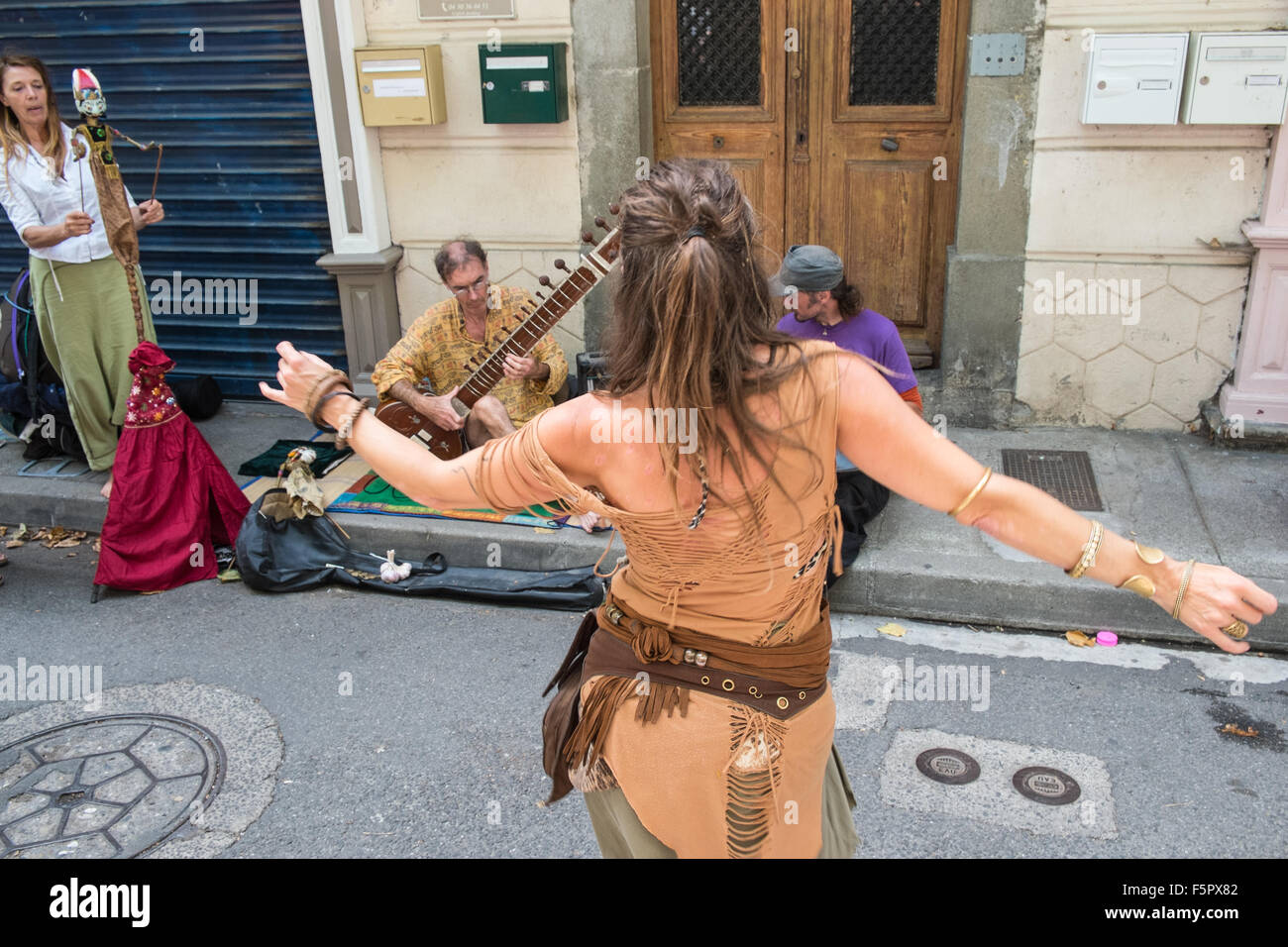 Indian sitar player musician and dancer at Esperaza Market,Aude,South
