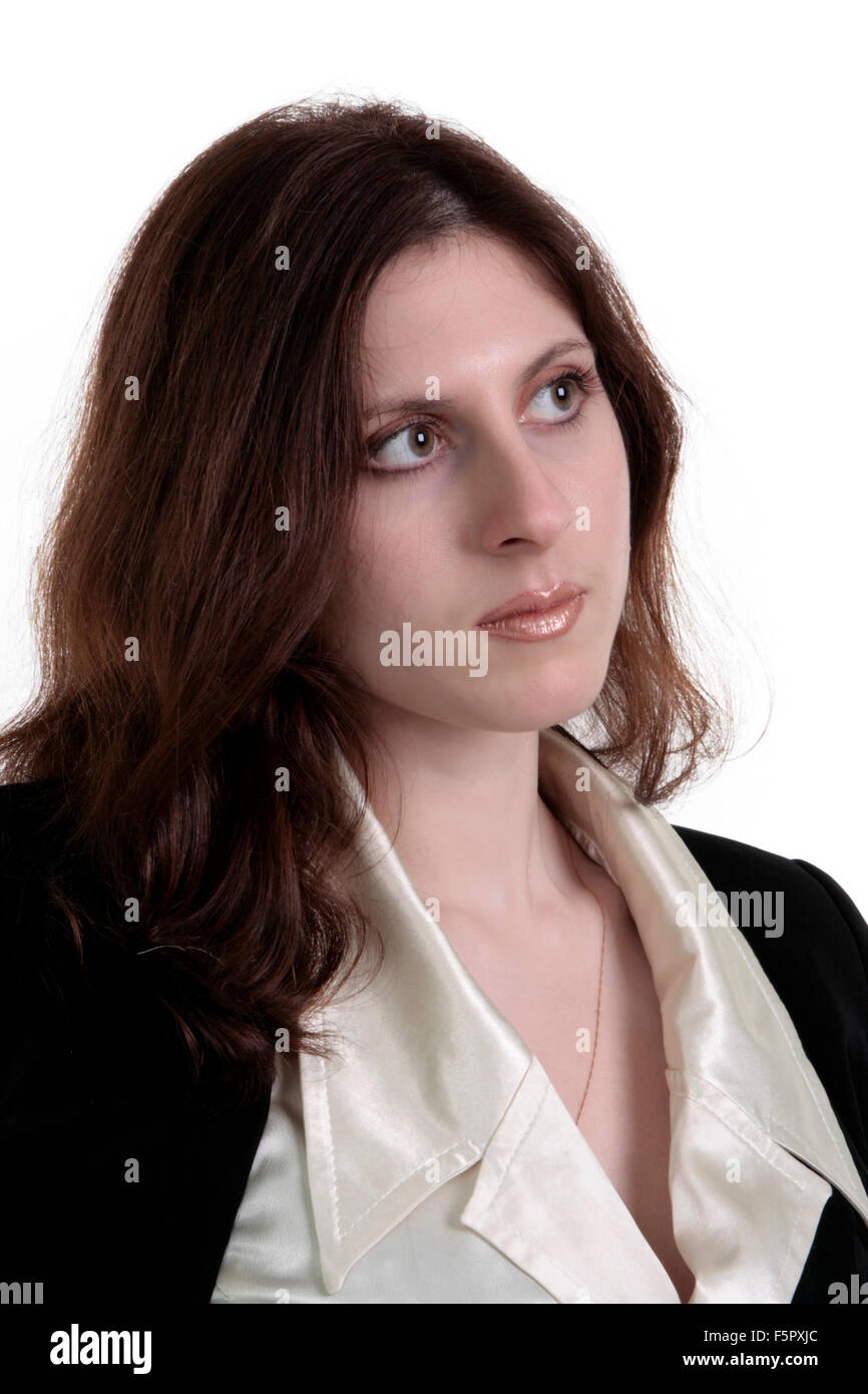 Beautiful young woman posing in business suit. Isolated over white ...