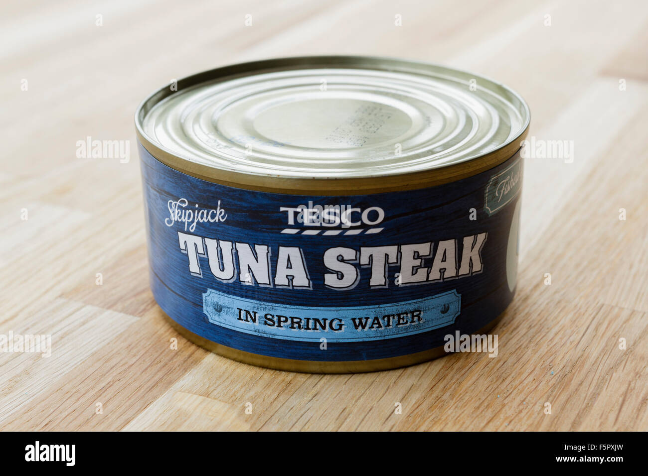 Can of Tesco tinned tuna steak in spring water Stock Photo Alamy