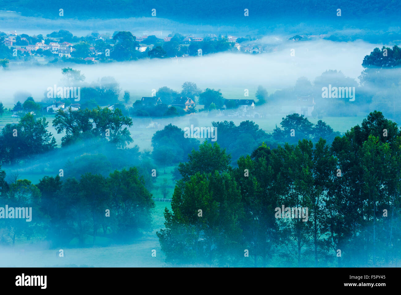 Fog at dawn. Liendo Valley. Cantabria, Spain, Europe. Stock Photo