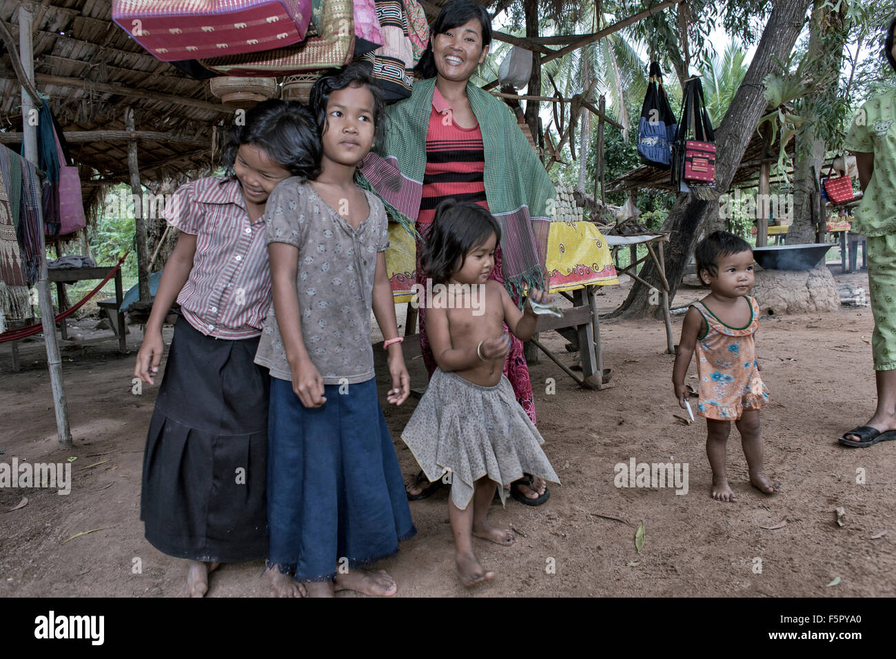 Cambodia rural village. Mother and children. Siem Reap Cambodia S. E