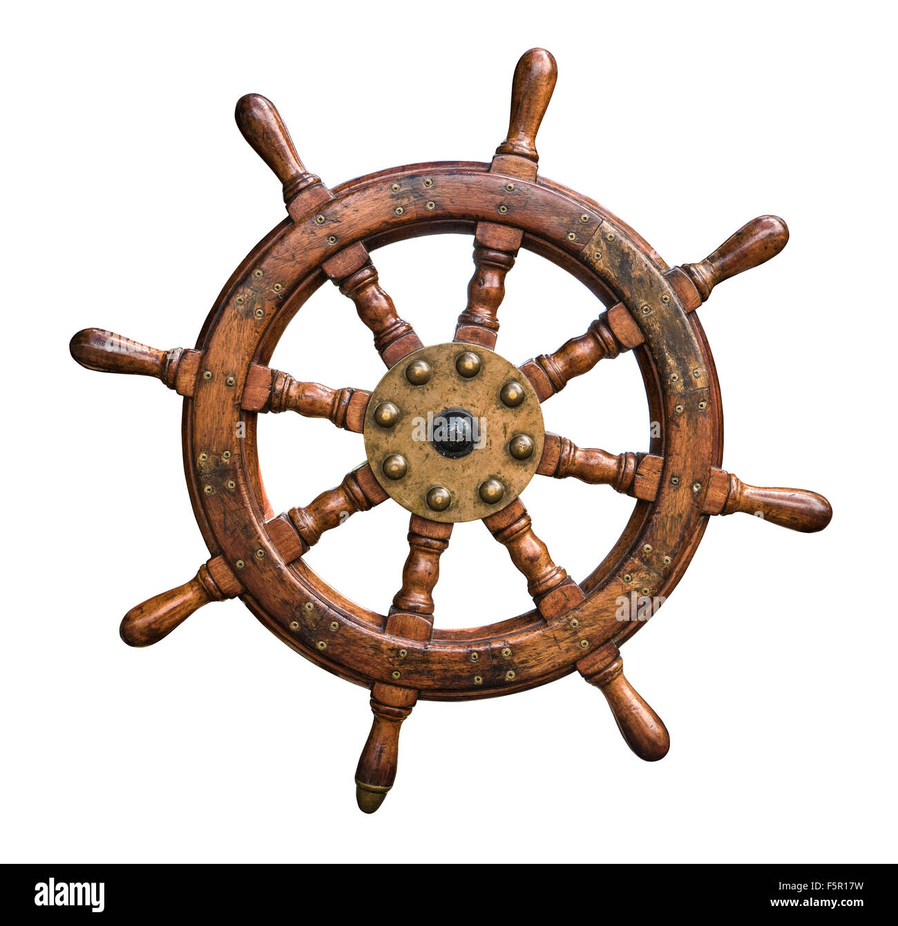 Isolated Vintage Wooden And Brass Ship's Steering Wheel With White Background Stock Photo