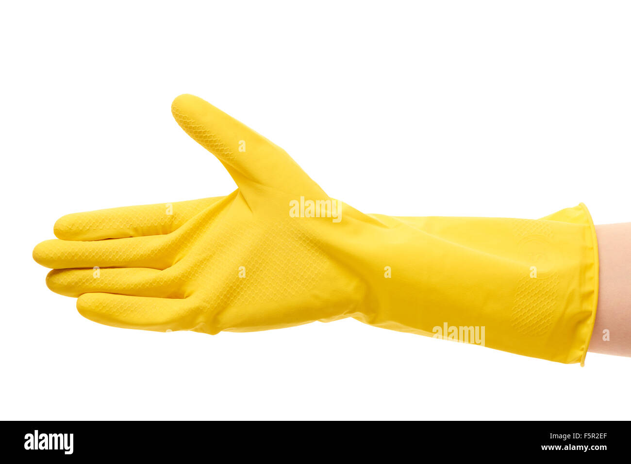 Close up of female hand in yellow protective rubber glove giving for ...