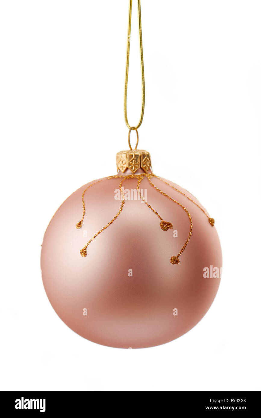 Beautiful pink christmas ball with gold sparkly ornament isolated on white background Stock Photo