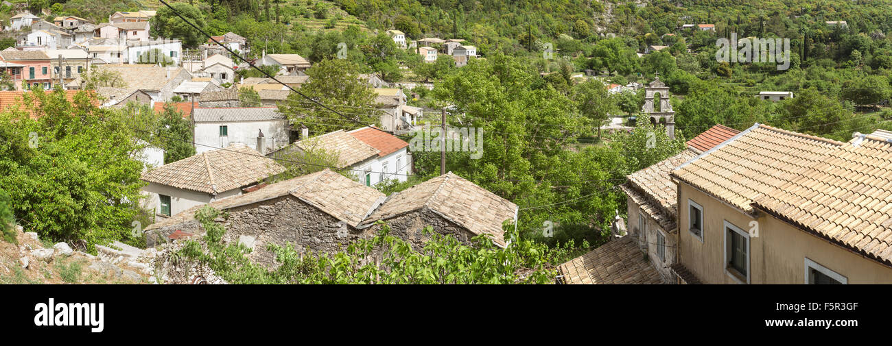 The village of Pataleia on the side of Mount Pantocrator, Corfu. Stock Photo