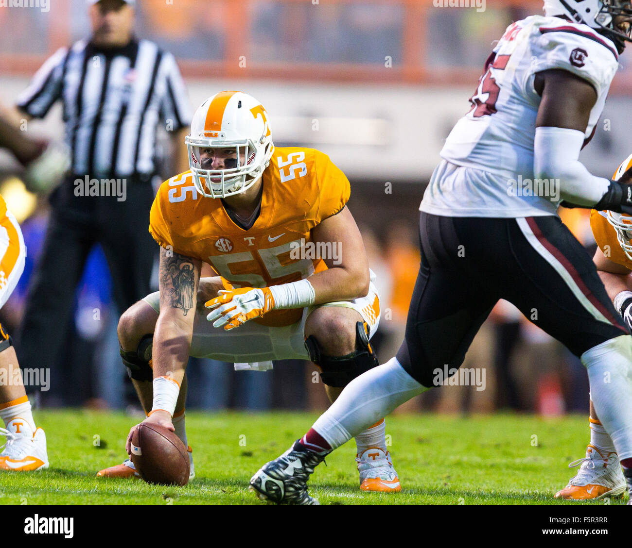 November 07, 2015: Coleman Thomas #55 of the Tennessee Volunteers prepares to snap the ball during the NCAA Football game between the University of Tennessee Volunteers and the South Carolina Gamecocks at Neyland Stadium in Knoxville, TN Tim Gangloff/CSM Stock Photo