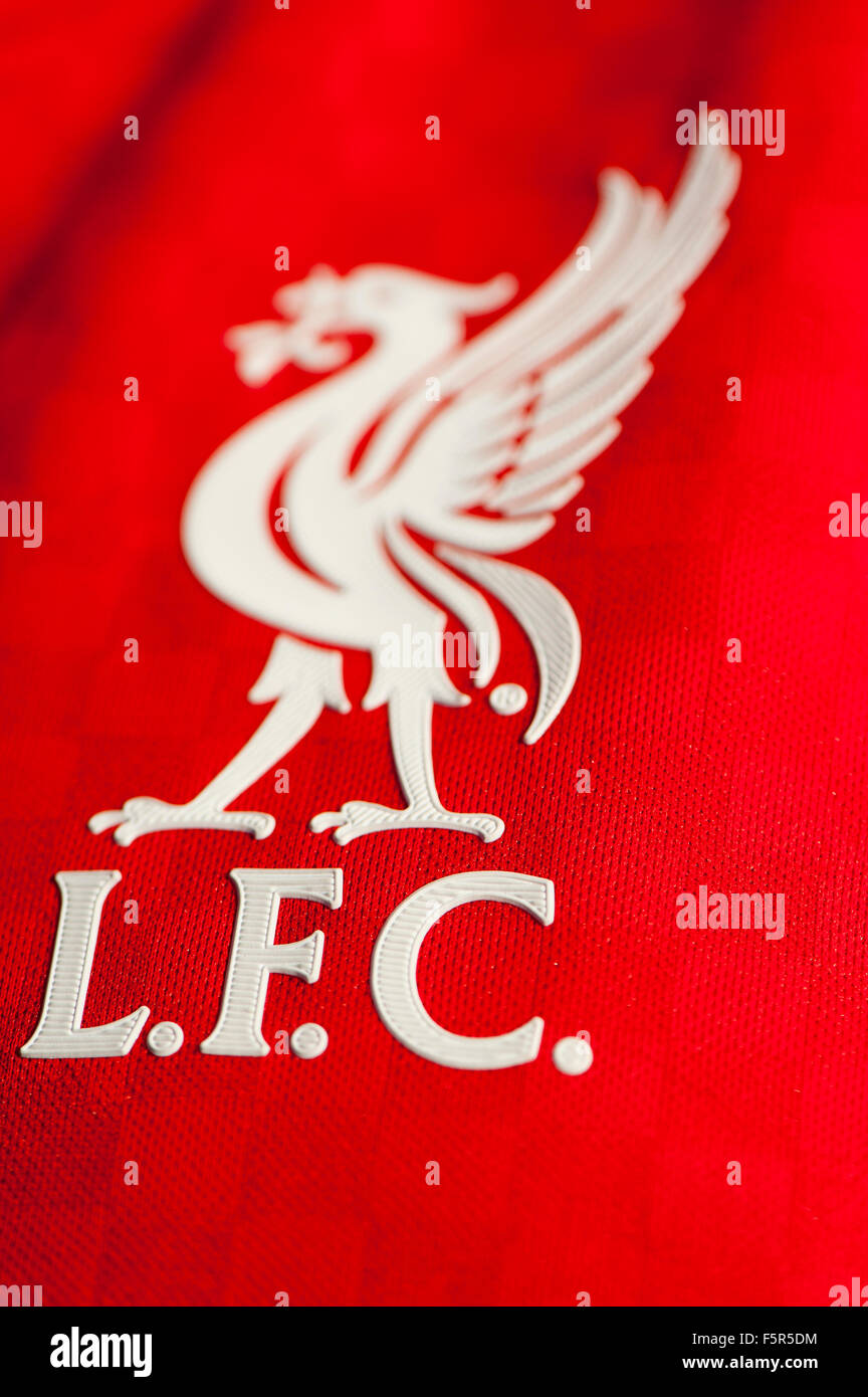 Liver Bird on the shirt of a Liverpool Football Club replica shirt. Stock Photo