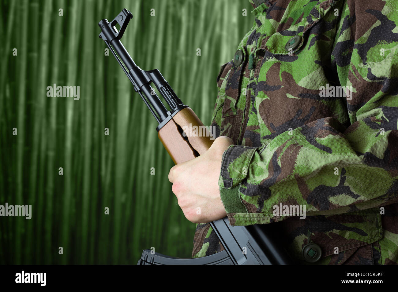 Soldier holding rifle AK-47 against jungle Stock Photo