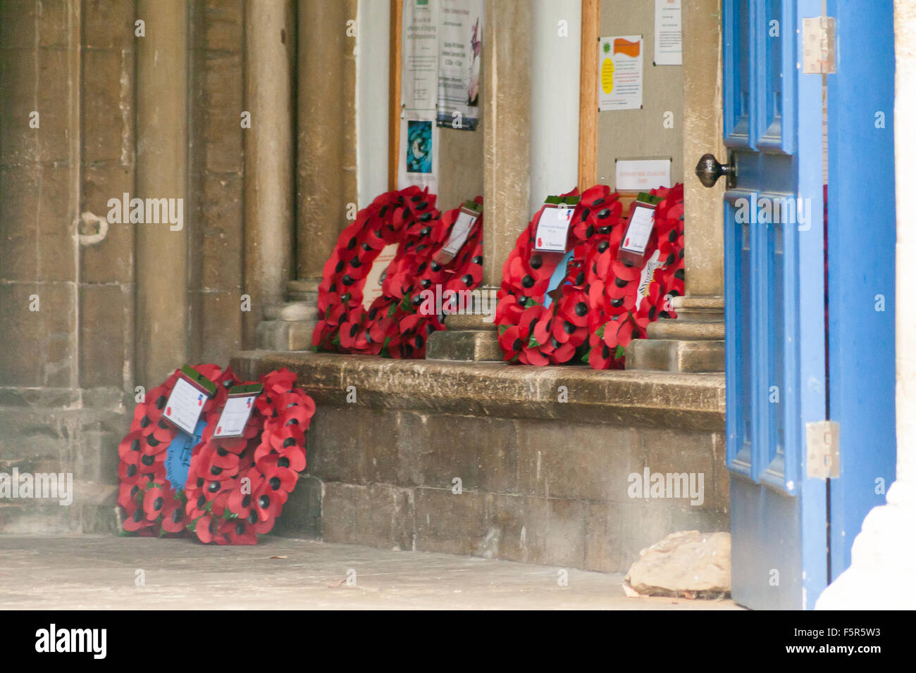 Oakham, Rutland, UK. 8th November 2015. Poppy wreaths in the porch of All Saints church in Oakham Credit:  Jim Harrison/Alamy Live News Stock Photo