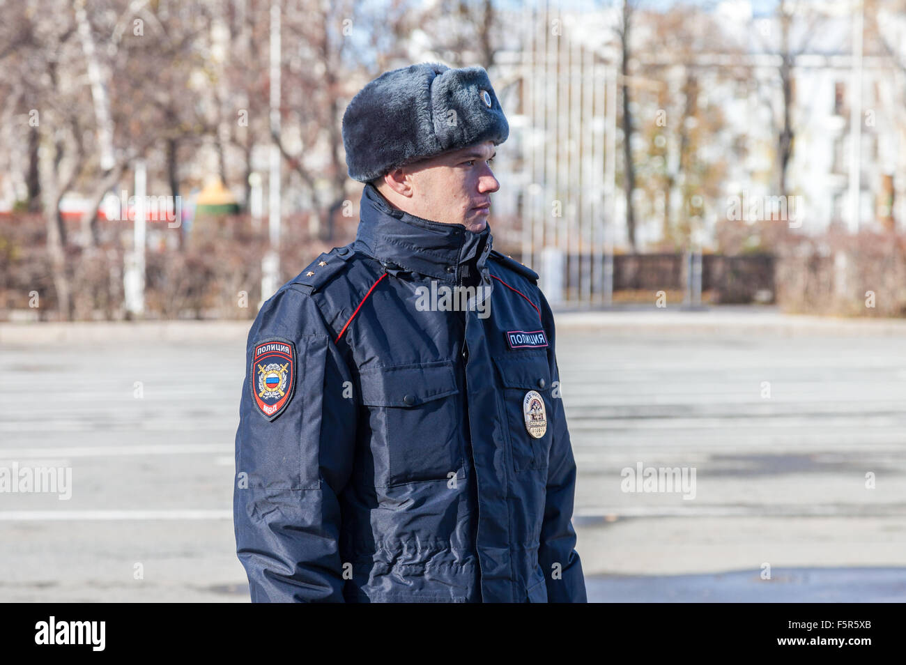 Unidentified Russian police officer in winter uniform Stock Photo