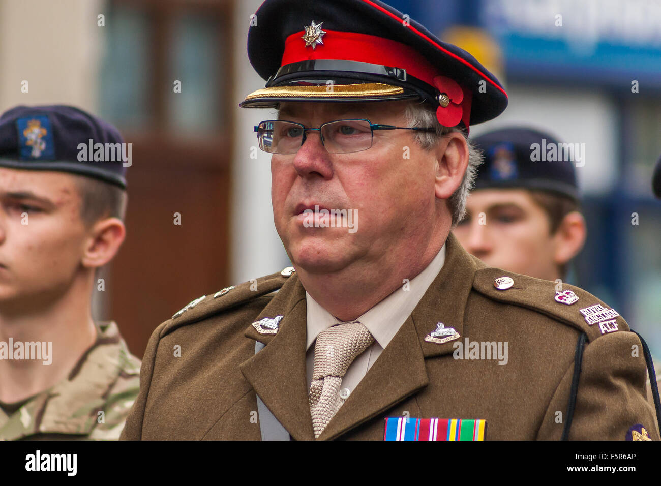 Oakham, Rutland, UK. 8th November 2015. Army Cadet Force marching to All Saints church in Oakham for the Remembrance Service Credit:  Jim Harrison/Alamy Live News Stock Photo
