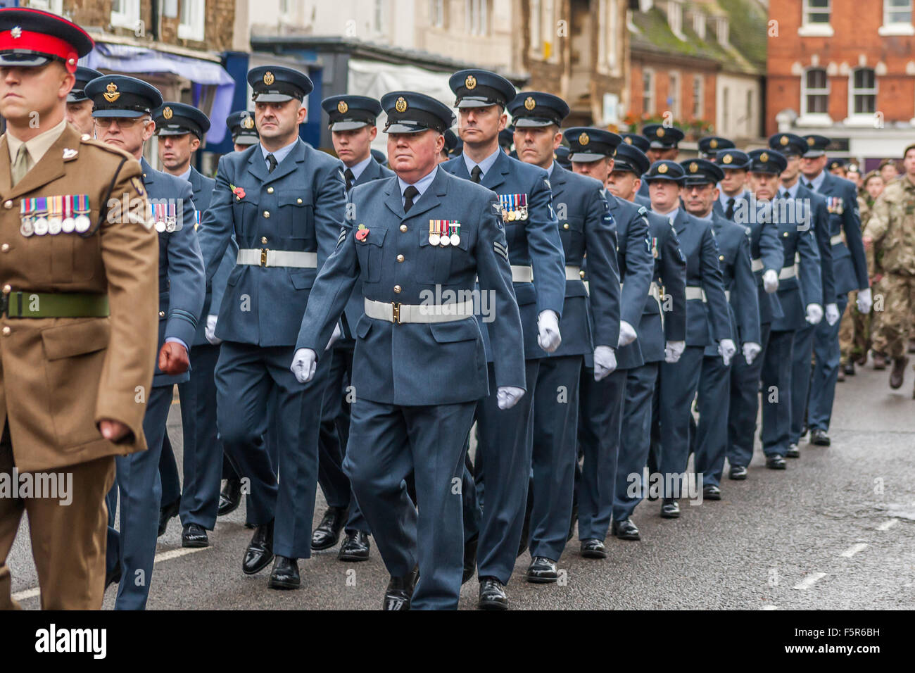 Oakham, Rutland, UK. 8th November 2015. Marching to the All Saints church in Oakham for the Rememberance Service Credit:  Jim Harrison/Alamy Live News Stock Photo