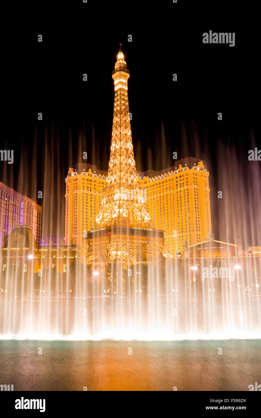 Musical fountains next to Eiffel Tower in Las Vegas Stock Photo