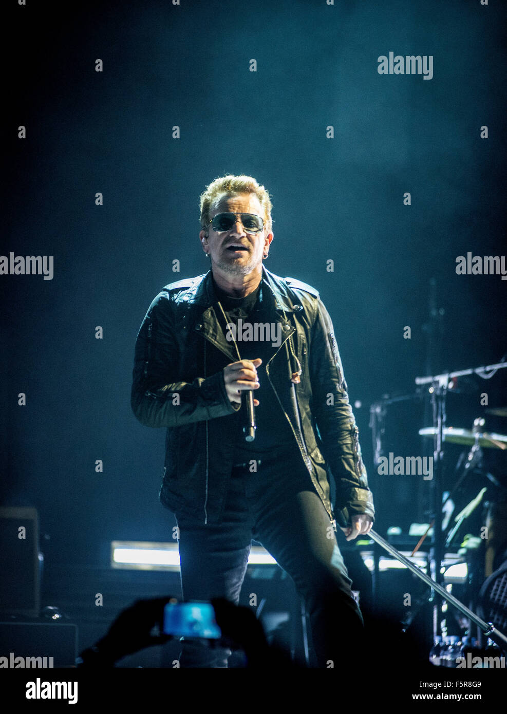 Bono of U2 performs at the SSE Hydro as part of their iNNOCENCE + eXPERIENCE tour on November 6, 2015 in Glasgow, Scotland. Stock Photo
