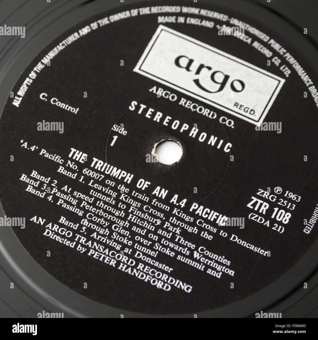 ARGO TRANSACORD recording / LP (ZTR108) of the record breaking journey in 1959 of the A.4 Pacific No 60007 'Sir Nigel Gresley'. Stock Photo