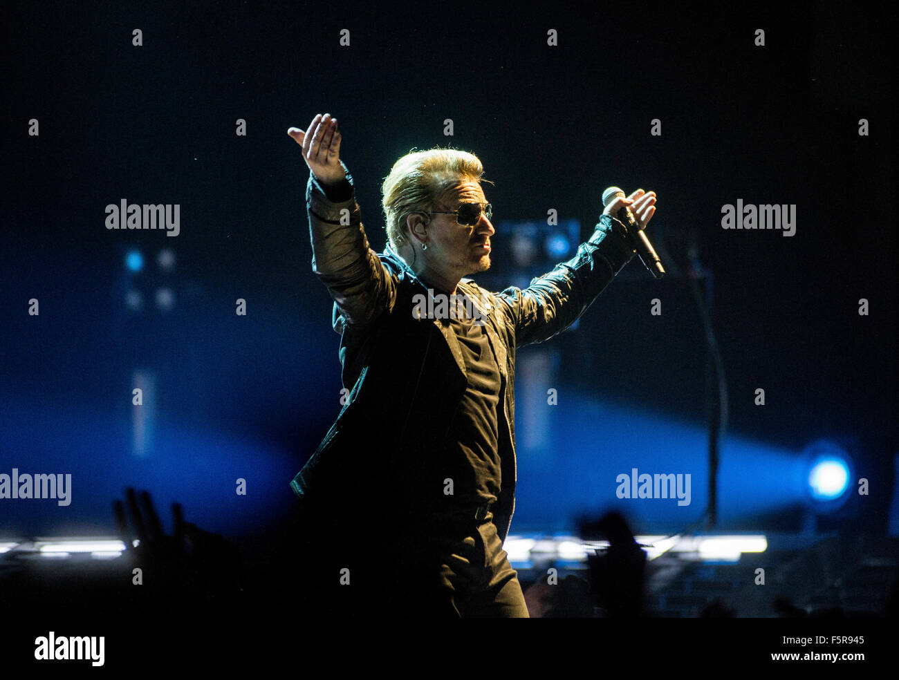 Bono of U2 performs at the SSE Hydro as part of their iNNOCENCE + eXPERIENCE tour on November 6, 2015 in Glasgow, Scotland. Stock Photo