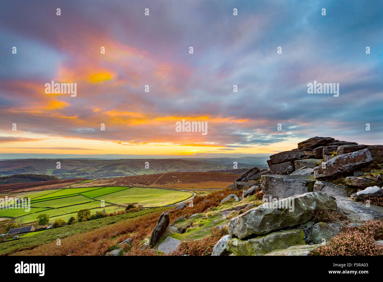 Sunset from Stanage Edge, in the Peak District National Park, Derbyshire, England, UK Stock Photo
