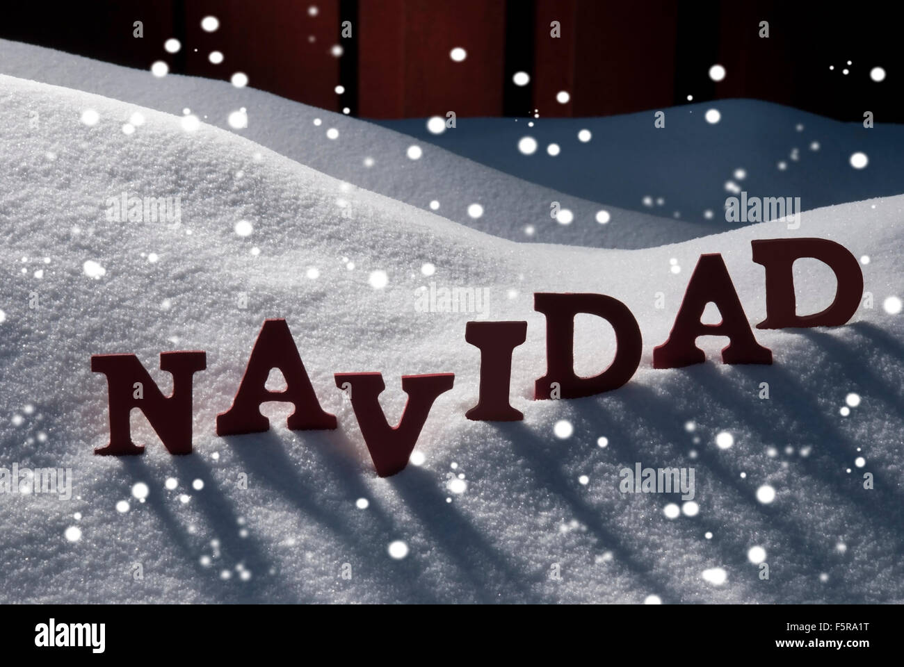 Card With Snow And Word Navidad Mean Christmas, Snowflakes Stock Photo