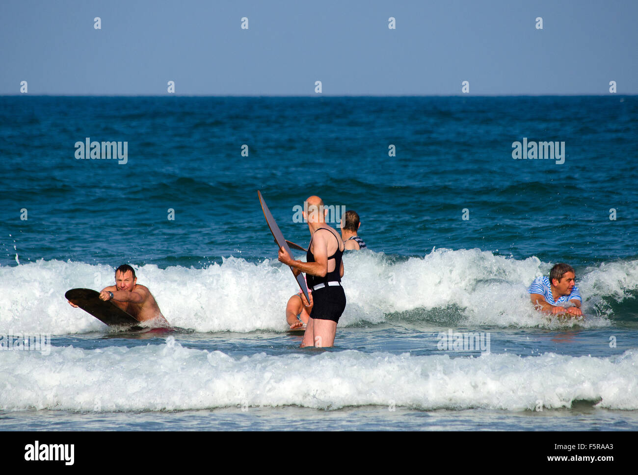 Contestants at the World belly Boarding championships, Chapel Porth, Cornwall, UK Stock Photo