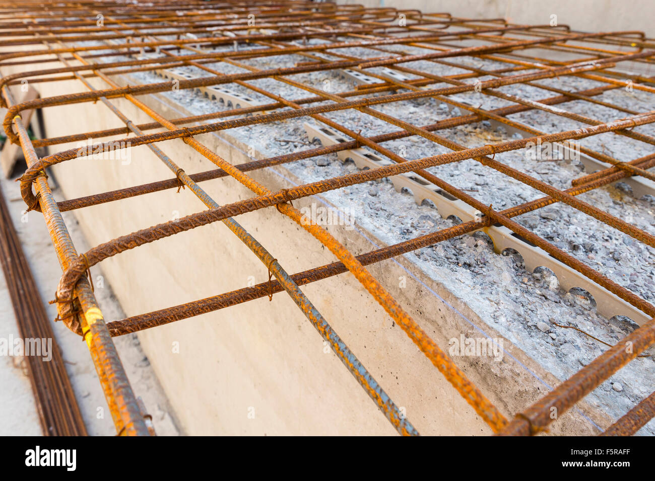 Steel Rebar, ready for concrete to be poured. Stock Photo